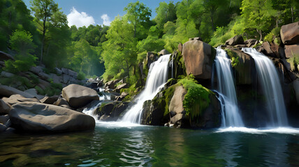 Obraz premium Stylized 3D cliffside with a waterfall pouring into a river below, surrounded by lush green trees and boulders