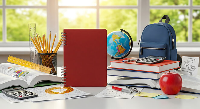A desk with school supplies including books pencils globe backpack and a red apple near window back to school ai generated