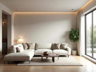 Fototapeta premium Salon moderne lumineux avec canapé d’angle beige, décoration minimaliste et touches végétales apaisantes