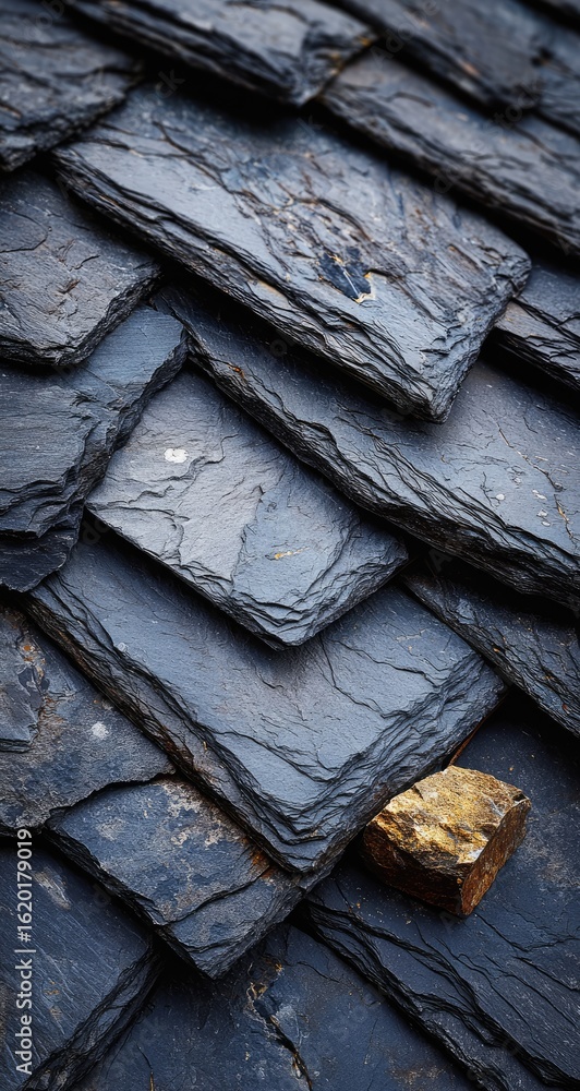 Poster close-up of dark gray slate roof tiles, overlapping in a herringbone pattern. a small, contrasting p