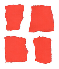 Four torn red paper shapes with rough edges are arranged against a black background. The pieces...