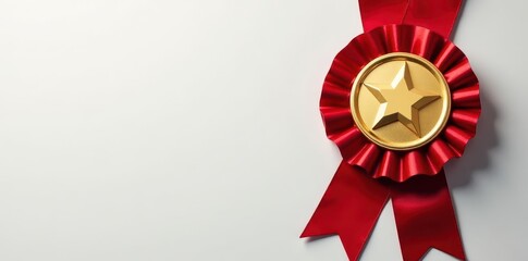 Close-up of red and gold rosette ribbon with star detail on a medal, decoration, medal, rosette
