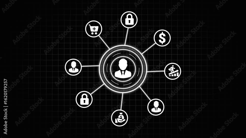 Poster animated digital interface illustrating business concepts and secure financial transactions
