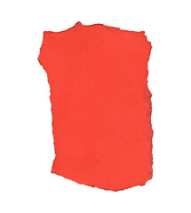 Red paper cutout with irregular, raw torn edges on a black background. The texture is slightly...