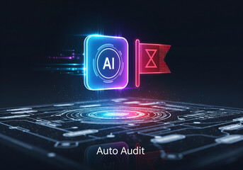 Conceptual illustration of an AI-powered auto audit system, featuring artificial intelligence analyzing a flagged digital record with data on a futuristic circuit board.