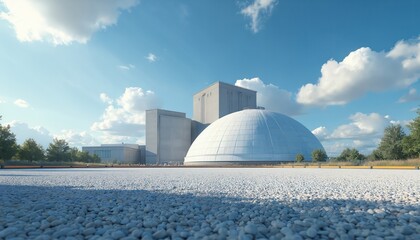 Obraz premium Modern nuclear facility large domed reactor building with concrete structures. Clear open space with gravel texture stretches out under blue sky dotted with scattered clouds. Safety barriers visible.
