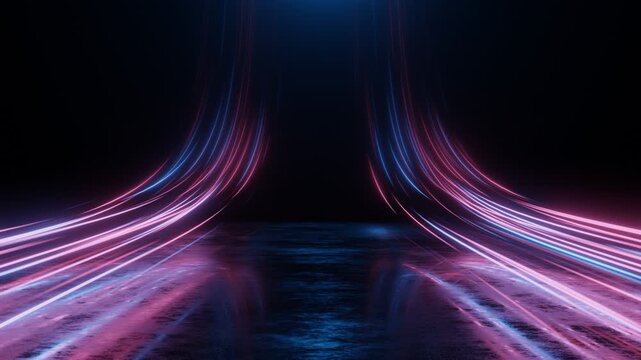 Vibrant Neon Light Trails Flowing Over Reflective Surface in Dark Futuristic Space for Speed, Data Transmission, and Digital Technology background. Seamless loop. Created using non-AI 3d Software