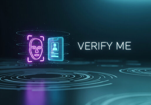 Futuristic digital identity verification using facial recognition and biometric security on a dark background with glowing UI elements, representing advanced authentication technology. - Powered by Adobe