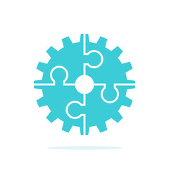 Cog wheel, four joined jigsaw puzzle pieces. Solution, progress, teamwork, collaboration, technology, communication, development, industry, partnership concept. Flat design. EPS 8 vector illustration