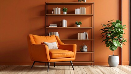 A contemporary living room interior featuring a vibrant orange lounge chair and a wooden bookshelf set against a warm terracotta wall