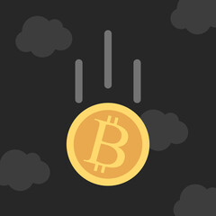 Bitcoin coin falling in dark gloomy black sky. Cryptocurrency, financial crisis, savings, inflation, currency and exchange rate concept. Flat design. EPS 8 vector illustration