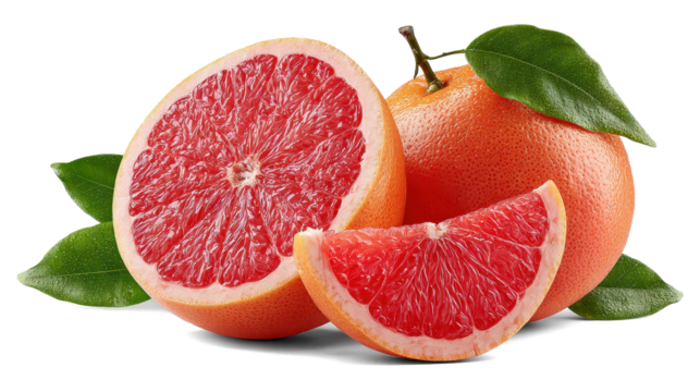 Organic grapefruit slices on white background