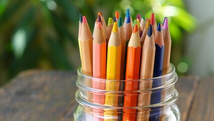 Collection of vibrant colored pencils inside a glass jar resting on a rustic wooden surface showcasing creativity and artistic expression