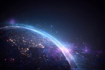 Abstract digital technology background with earth with blue and purple colors, , circuit board lines forming the shape of a planet Earth on a dark blue gradient background. 