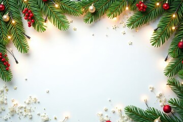 Festive Christmas border of evergreen boughs and twinkling lights on white , evergreen, decoration, winter
