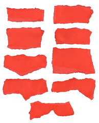Nine pieces of red paper with torn, raw edges are arranged against a black background. Each piece...