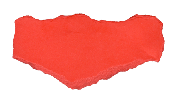 Ragged-edged, red paper piece with an irregular, rectangular shape. The texture appears torn and slightly rough, casting a soft shadow beneath. 