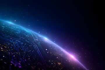 Abstract digital technology background with earth with blue and purple colors, , circuit board lines forming the shape of a planet Earth on a dark blue gradient background. 