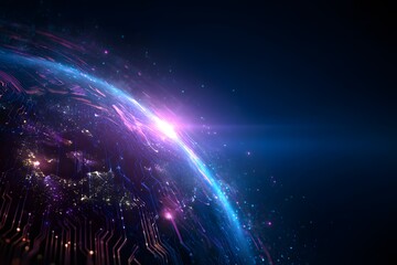 Abstract digital technology background with earth with blue and purple colors, , circuit board lines forming the shape of a planet Earth on a dark blue gradient background. 