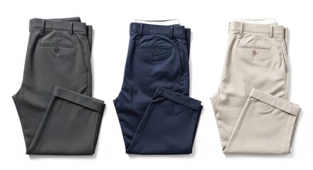 Three pairs of folded chinos isolated on white background