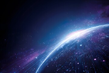 Abstract digital technology background with earth with blue and purple colors, , circuit board lines forming the shape of a planet Earth on a dark blue gradient background. 