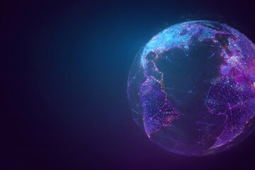 Abstract digital technology background with earth with blue and purple colors, , circuit board lines forming the shape of a planet Earth on a dark blue gradient background. 