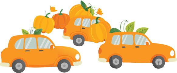 Fototapeta premium Small yellow plastic toy car with autumn leaves on a plain background