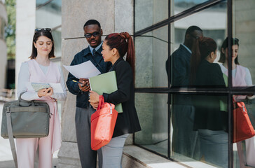 Group of three professionals collaborating and reviewing documents outside an office building....