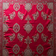 Professional background featuring vivid Indian textile patterns with mirrorwork and intricate borders, harmonious layout 