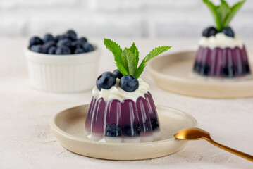 Berry fruit jelly with fresh blueberries, mint, anchan tea and coconut cream with agar agar. Summer dessert, gelatin free.