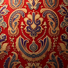 Radiant silk-like Indian fabric backdrop with ethnic floral motifs and symmetrical design, warm and elegant 