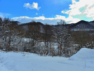 Winter in the Carpathian Mountains, in Transylvania. The bare forest reveals the number of pyramids in the region