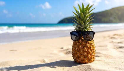 A pineapple wearing sunglasses stands on warm sandy beach. Bright sunlight, blurred background with ocean in distance. Vacation vibe, product-style photography.