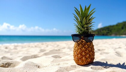 A pineapple wearing sunglasses stands on warm sandy beach. Bright sunlight, blurred background with ocean in distance. Vacation vibe, product-style photography.
