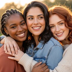 Portrait of charming beautiful multiethnic women smiling and hugging together