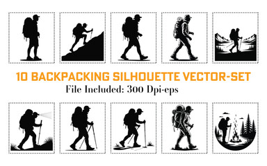 A Black Backpacking Silhouette Vector Art Set