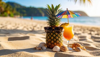 Pineapple in stylish sunglasses next to a tropical cocktail under a tiny colorful umbrella. Sand, seashells, warm tones, shadow of a palm.