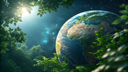Lush green forest canopy frames a majestic view of our beautiful planet earth