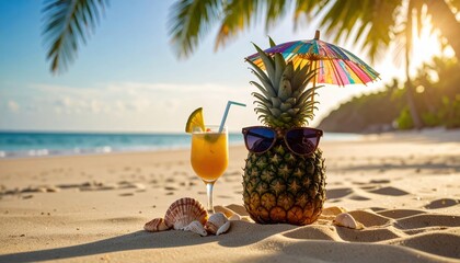 Pineapple in stylish sunglasses next to a tropical cocktail under a tiny colorful umbrella. Sand, seashells, warm tones, shadow of a palm.