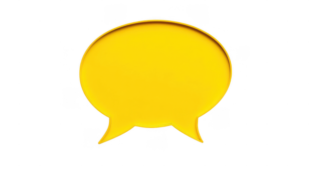 A vibrant yellow speech bubble sits on a clean white background, symbolizing conversation and creativity