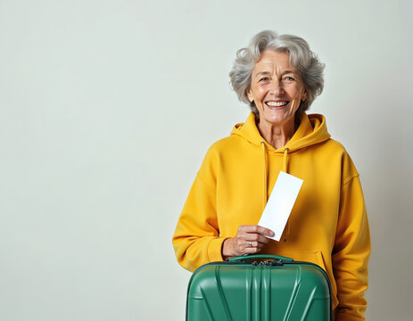 Joyful gray-haired senior woman in yellow hoodie holds green suitcase, boarding pass, ready for vacation trip. Elderly lady with happy expression, travel baggage, isolated on light background with