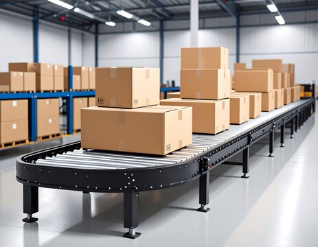 Cardboard boxes on a conveyor belt in a warehouse