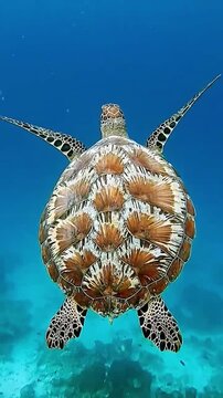 Green Sea Turtle Swimming in Crystal Clear Blue Ocean Water with Sunbeams, Hawksbill Sea Turtle Gliding Over Colorful Coral Reef in Tropical Underwater National Park