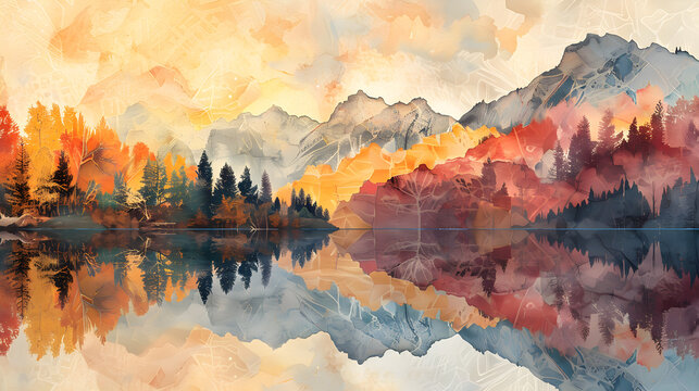 Abstract Mountain Range Reflecting in Water Depicting the Four Seasons, in high resolution clean minimal style stock photo illustration background image ideal for templates advertisements and web bann