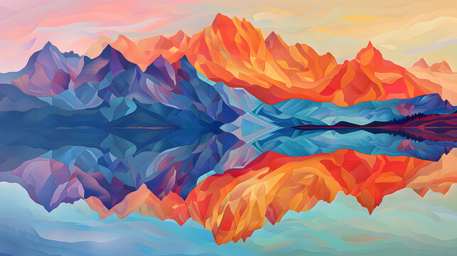 Abstract Mountain Range Reflecting in Water Depicting the Four Seasons, in high resolution clean minimal style stock photo illustration background image ideal for templates advertisements and web bann