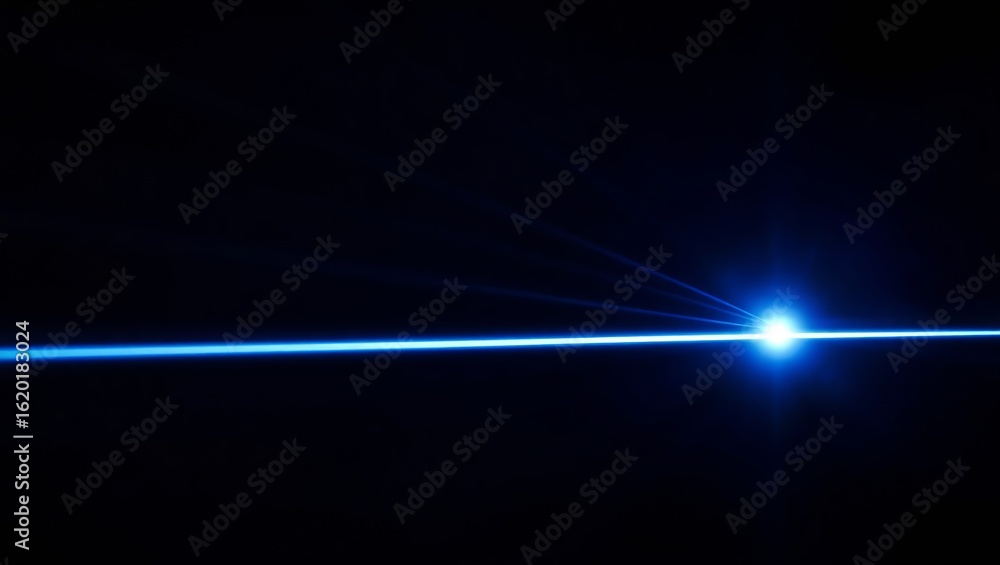 Poster bright blue laser beam shining horizontally across a black background with scattered light rays eman