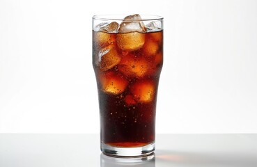 Tall glass of cold, fizzy dark soda with ice cubes, isolated on white. Refreshing sweet beverage, classic taste with abundant bubbles and condensation, perfect for summer refreshment.