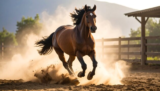 Powerful brown horse galloping through dust in a sunlit paddock, mane flowing