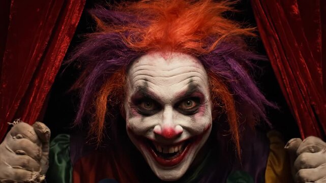 Mysterious Clown Behind Red Curtain. Scary tragicomic fun joker. Mysterious frightening comic character. Circus tent. Creepy Clown Peeking from Behind Curtains.