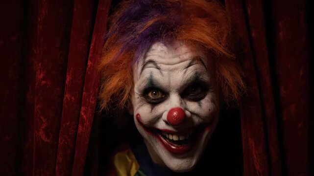 Mysterious Clown Behind Red Curtain. Scary tragicomic fun joker. Mysterious frightening comic character. Circus tent. Creepy Clown Peeking from Behind Curtains.